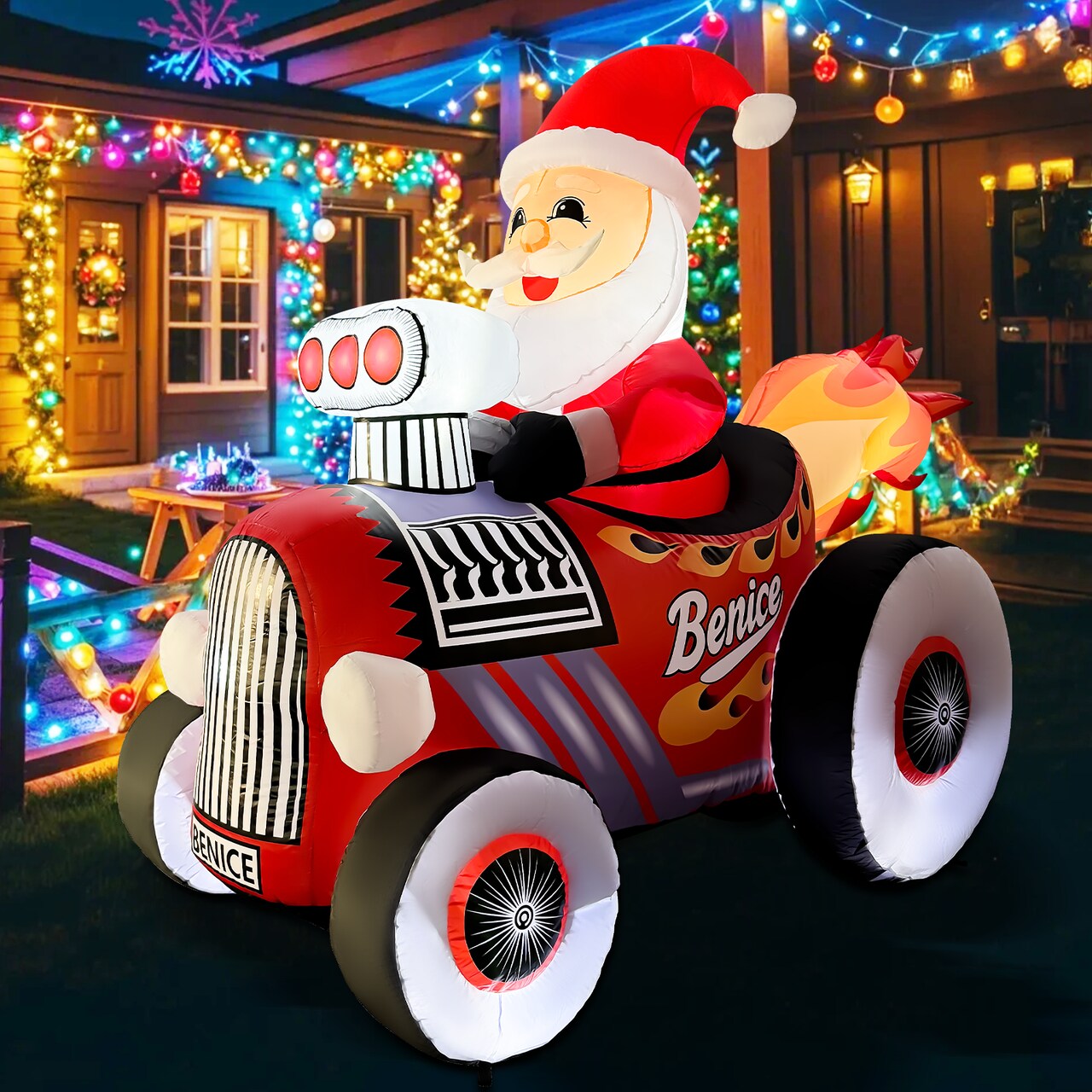 GOOSH 8FT Santa in Hot Rod Inflatable with LED Lights for Outdoor Christmas Yard Décor